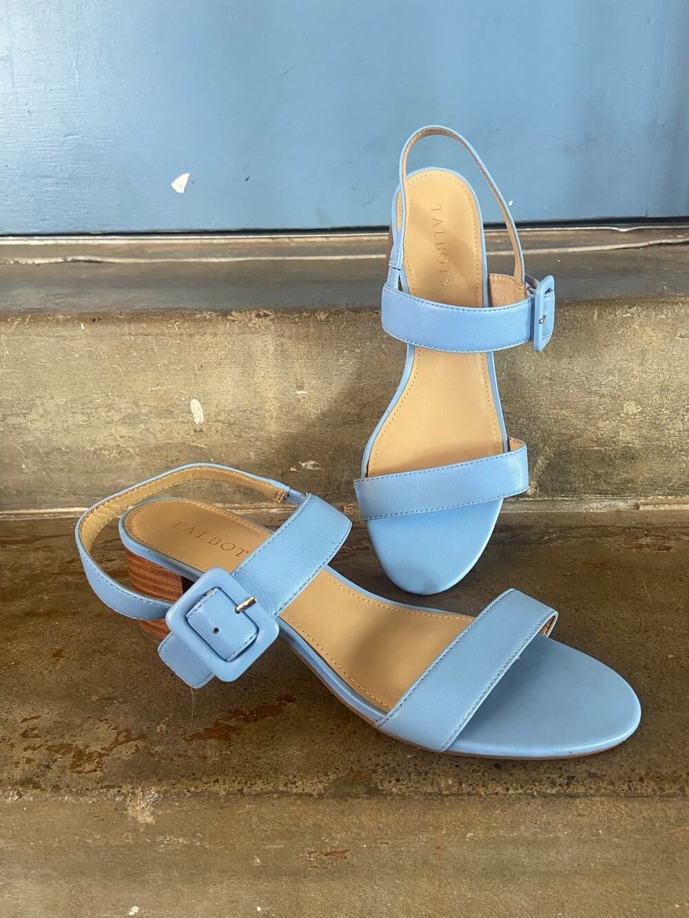 Talbots Mimi light blue leather strappy block heel sandals
